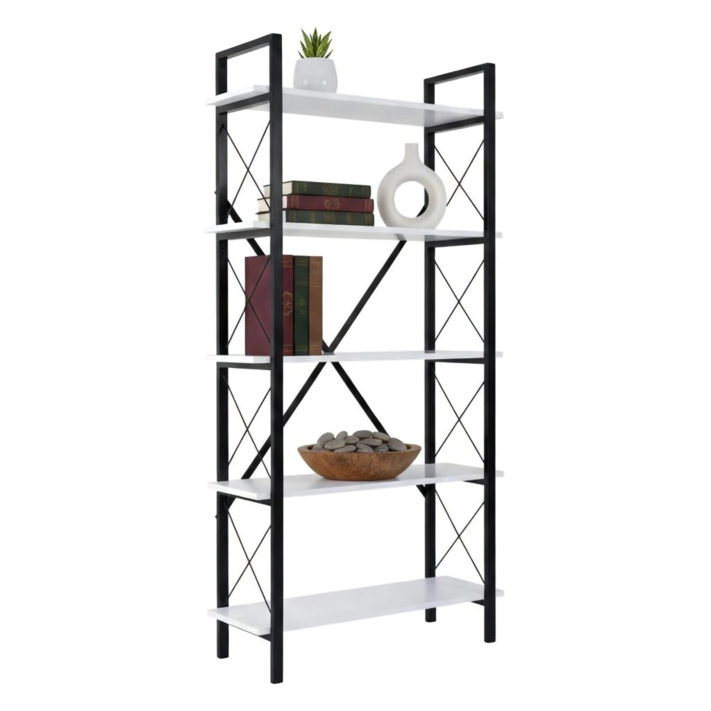 Libreria Suriel, Scaffale da ufficio, Mobile portalibri, Biblioteca, 90x34 h180 cm, Bianco e Nero