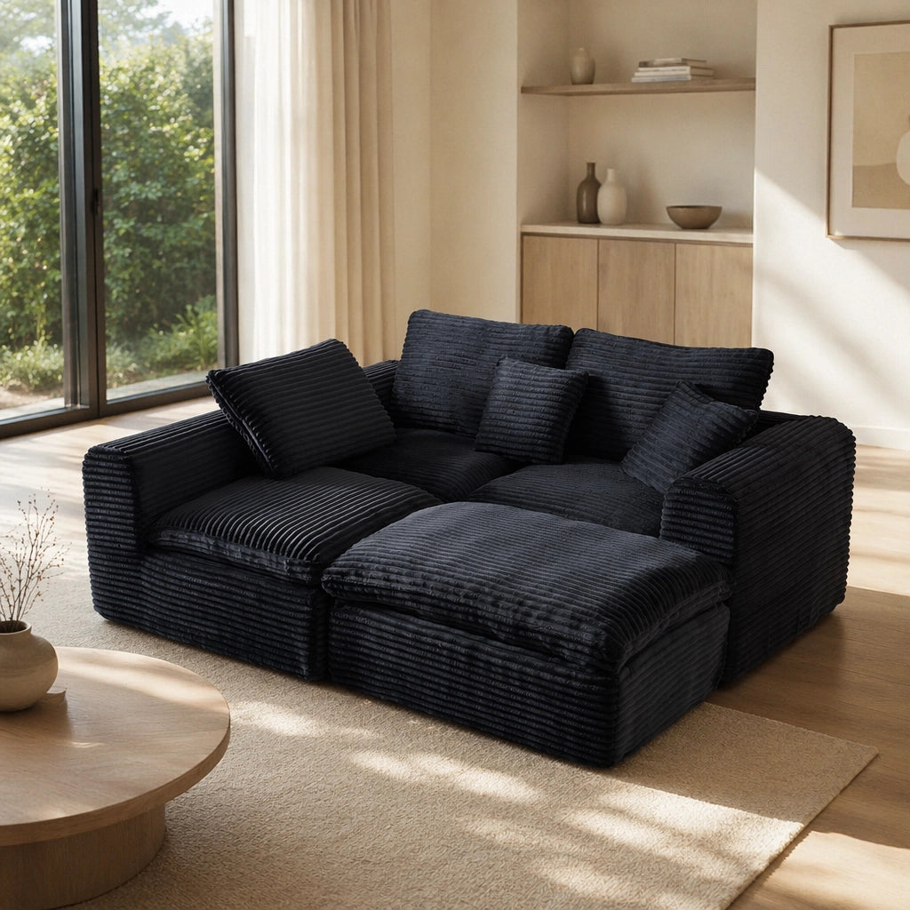 Divano modulare a 3 moduli convertibile in letto, rivestimento in velluto a coste nero e blu, sfoderato?