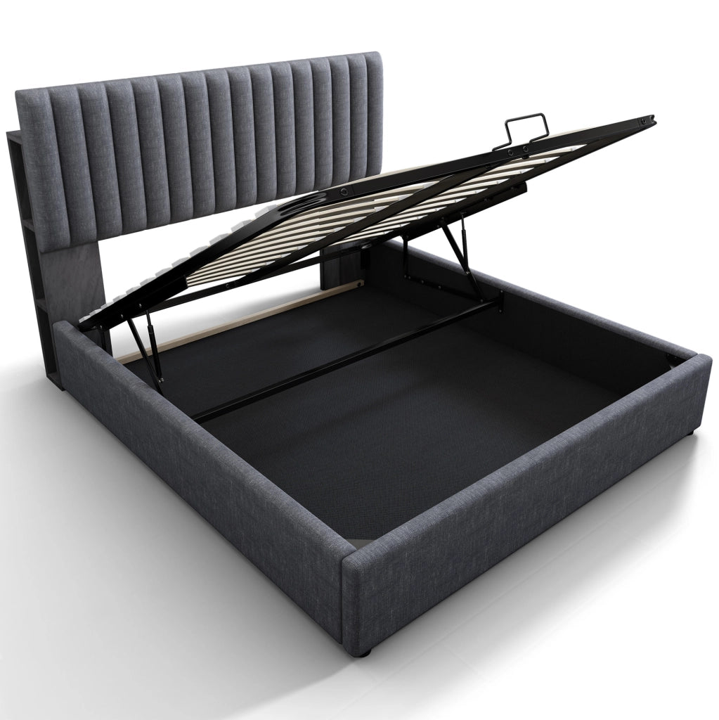 Letto matrimoniale imbottito 160x200 cm con contenitore; LED controllato da app; grigio in lino