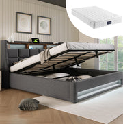 Letto imbottito 140x200 cm grigio con LED, USB e contenitore