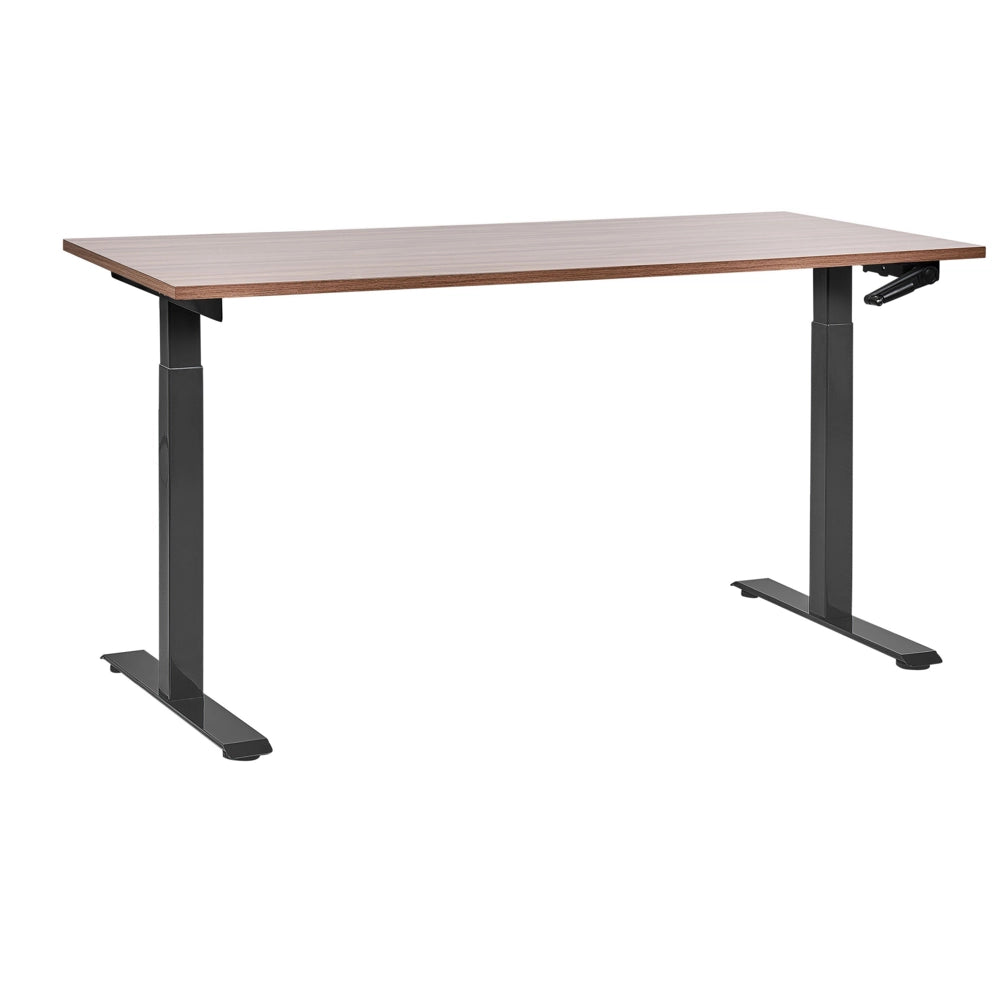 Scrivania regolabile manualmente in altezza Piano del tavolo legno scuro Telaio in acciaio nero 160 x 72 cm Piedi quadrati Design moderno Ufficio