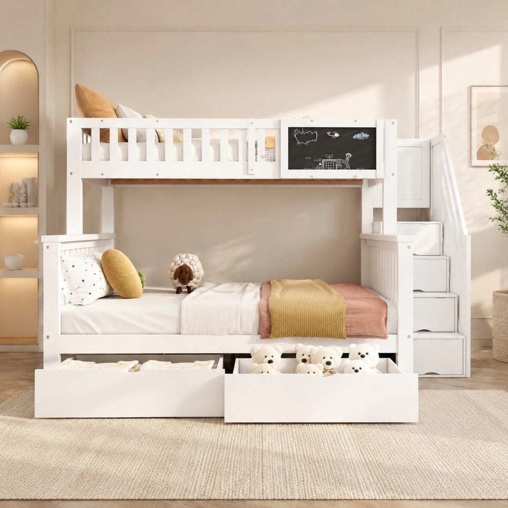 LETTO a castello per bambini 90x200/140x200 cm con lavagna e cassetti Bianco