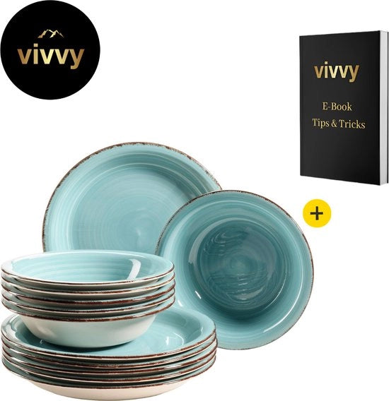 Set di piatti 6 posti - Servizio da 6 posti 2 in 1 - Piatti 6 posti multifunzionali - Porcellana servizio - Vintage - Blu turquesa - 6 piatti & 6 cucchiai