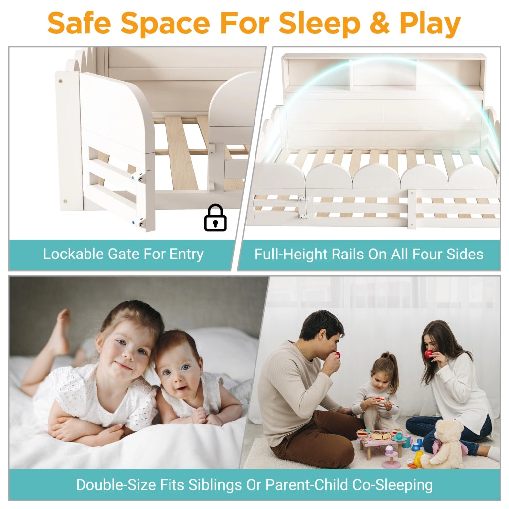 Letto per bambini a pavimento 140 × 190 cm con barriera, porta e ripiano, senza materasso, bianco