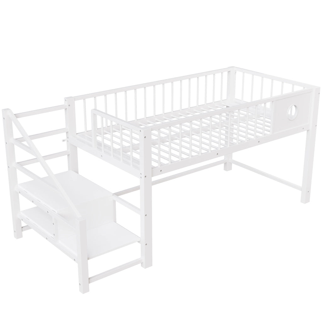 Letto a castello basso per bambini e ragazzi 90x200 cm in metallo bianco con scala contenitore