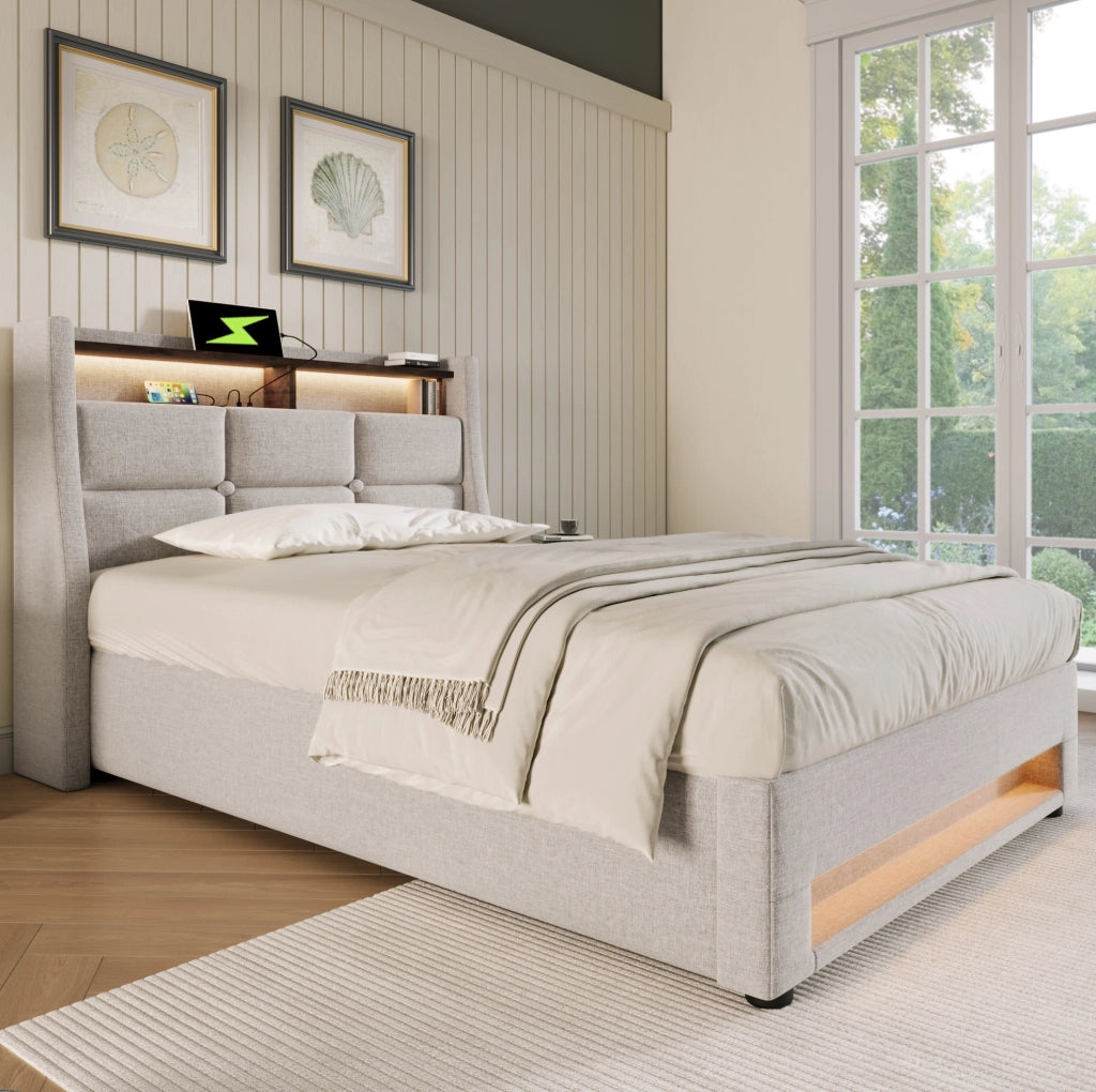 Letto singolo imbottito 90x200 cm beige con LED, USB e contenitore