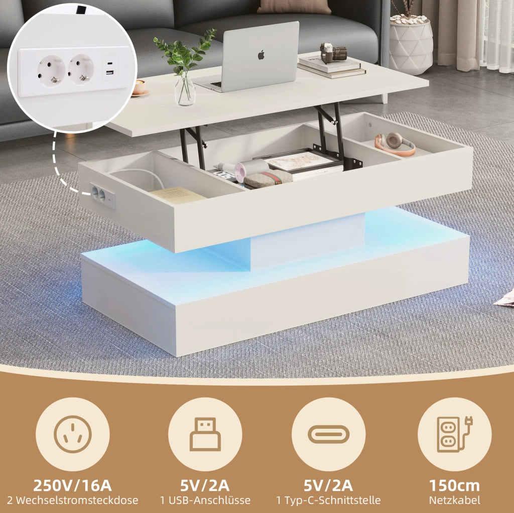 Tavolino da caffè rialzabile con LED Bluetooth; vano contenitore e prese EU; 100x50x42 cm; bianco