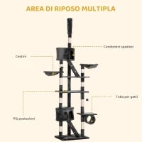 Tiragraffi per Gatti a Soffitto Multilivello con Altezza Regolabile 240-260 cm, con Cucce e Scale, Grigio