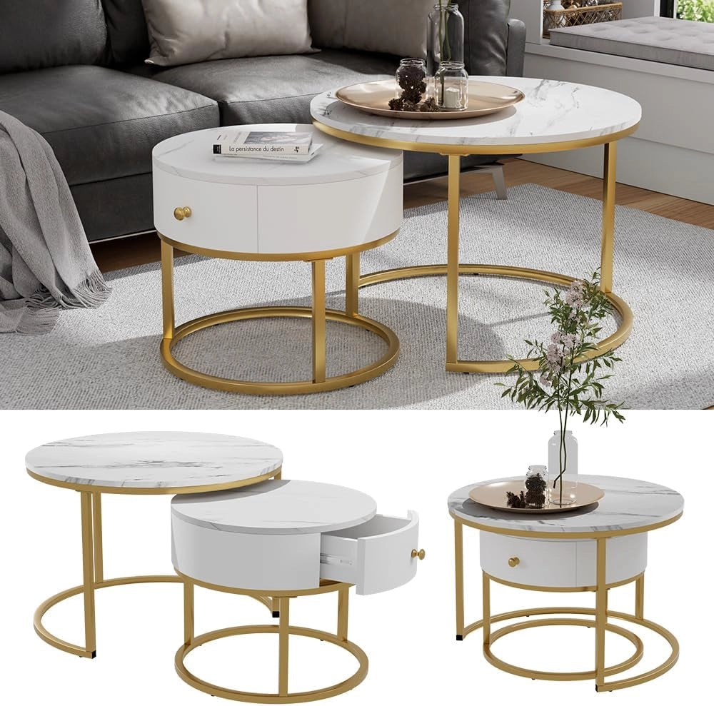 Set di tavolini Madrid, Marmo bianco, 70 x 70 cm, tavolino con cassetto, utilizzabile come tavolino d'appoggio per spazio aggiuntivo