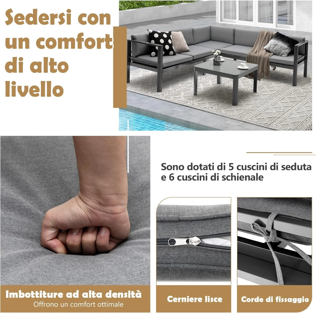 Set di Divani in Alluminio per Patio, Divano a 5 Posti con Schienale Reclinabile a 6 livelli, con Tavolino e Cuscini per Sedili e Schienale, Ideale per Giardino e Piscina, Grigio