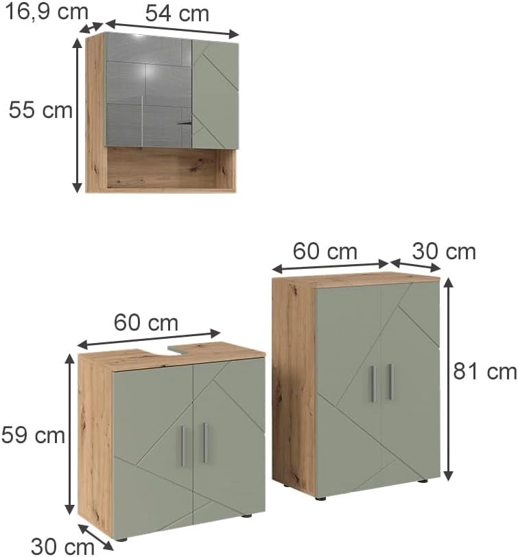 Set di mobili da bagno Irma, Verde salvia, 60 cm, composto da mobile sottolavabo, specchiera e mobile medio