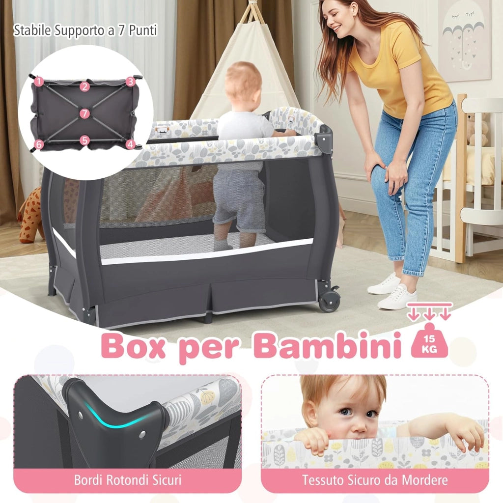4 in 1 Lettino Neonato con Materasso, Culla da Campeggio con Fasciatoio Cappottina Regolabile, Ruote Bloccabili, Box Piechevole per Bambini 0-36 Mesi (Foglie)