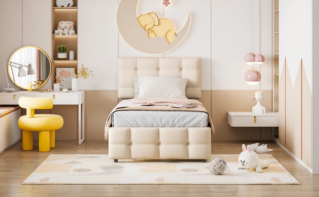 letto imbottito lino beige 90 x 200 cm