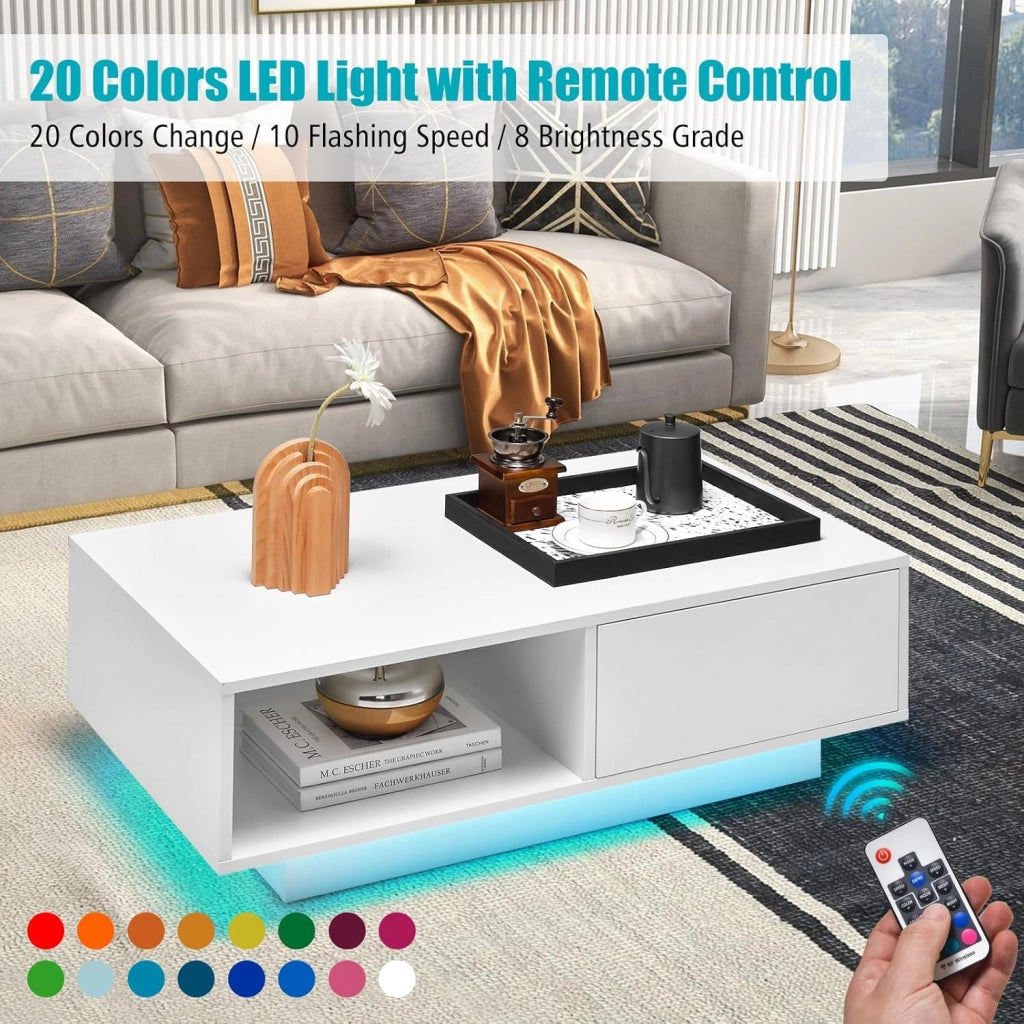 Tavolino da caffè rettangolare moderno con luce colorata e telecomando, tavolino da caffè con cassetto e ripiano aperto per soggiorno (bianco)