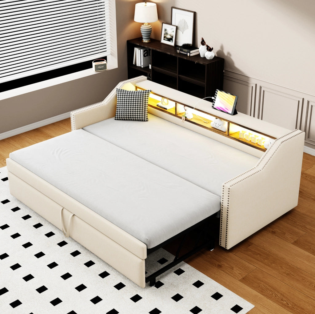 Divano letto 90x190 cm estraibile con vani portaoggetti e USB in tela di juta beige