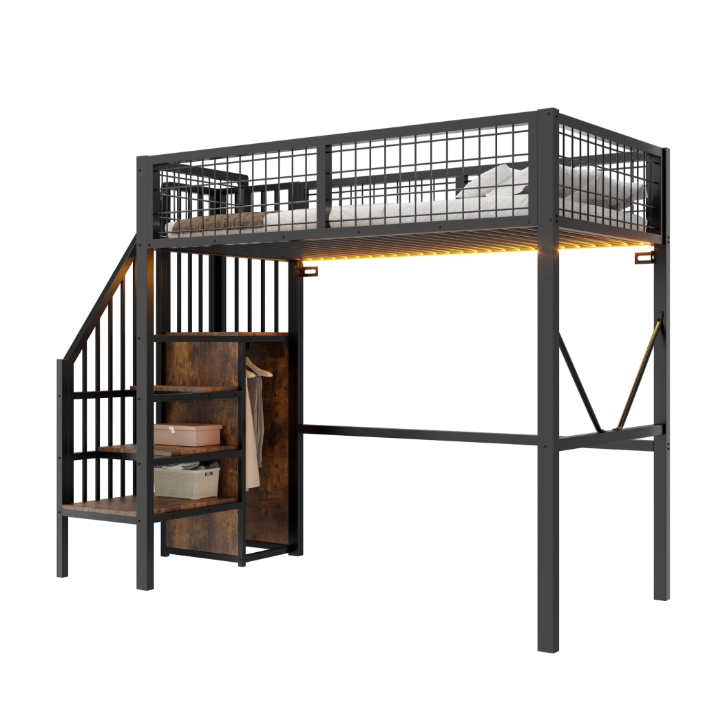 Letto a soppalco 90 × 200 cm 1 posto con scala contenitore, LED e barriera, senza materasso, nero