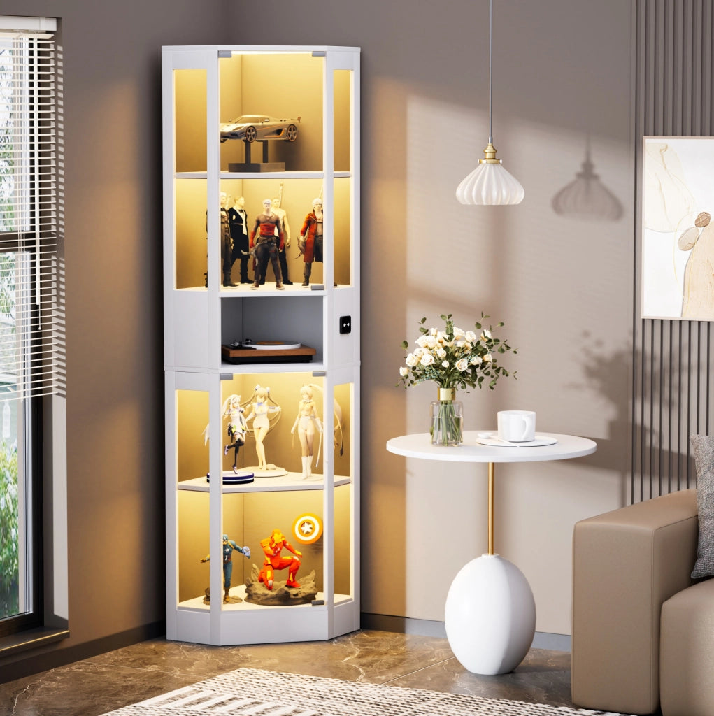 Vetrina bianca in MDF e vetro con illuminazione LED e sensore