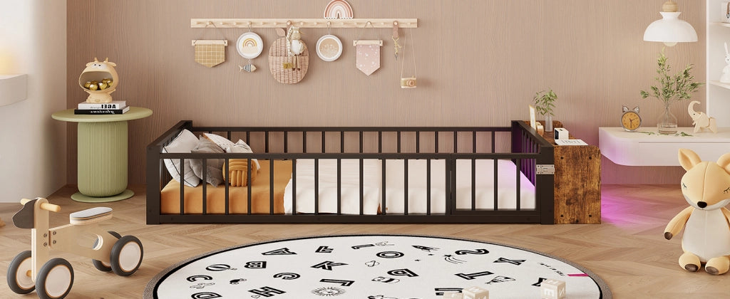DESMIU Letto bambino 90 × 200 cm con cassetto, ripiano e LED, con sponda di sicurezza, senza materasso, in metallo e MDF, nero