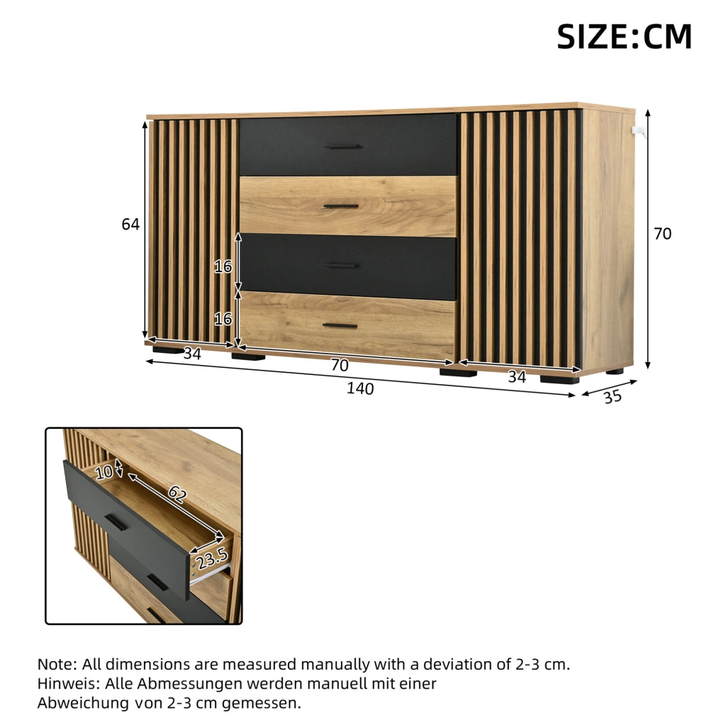 Credenza 140x35x70 cm in MDF, 4 cassetti e 2 ante
