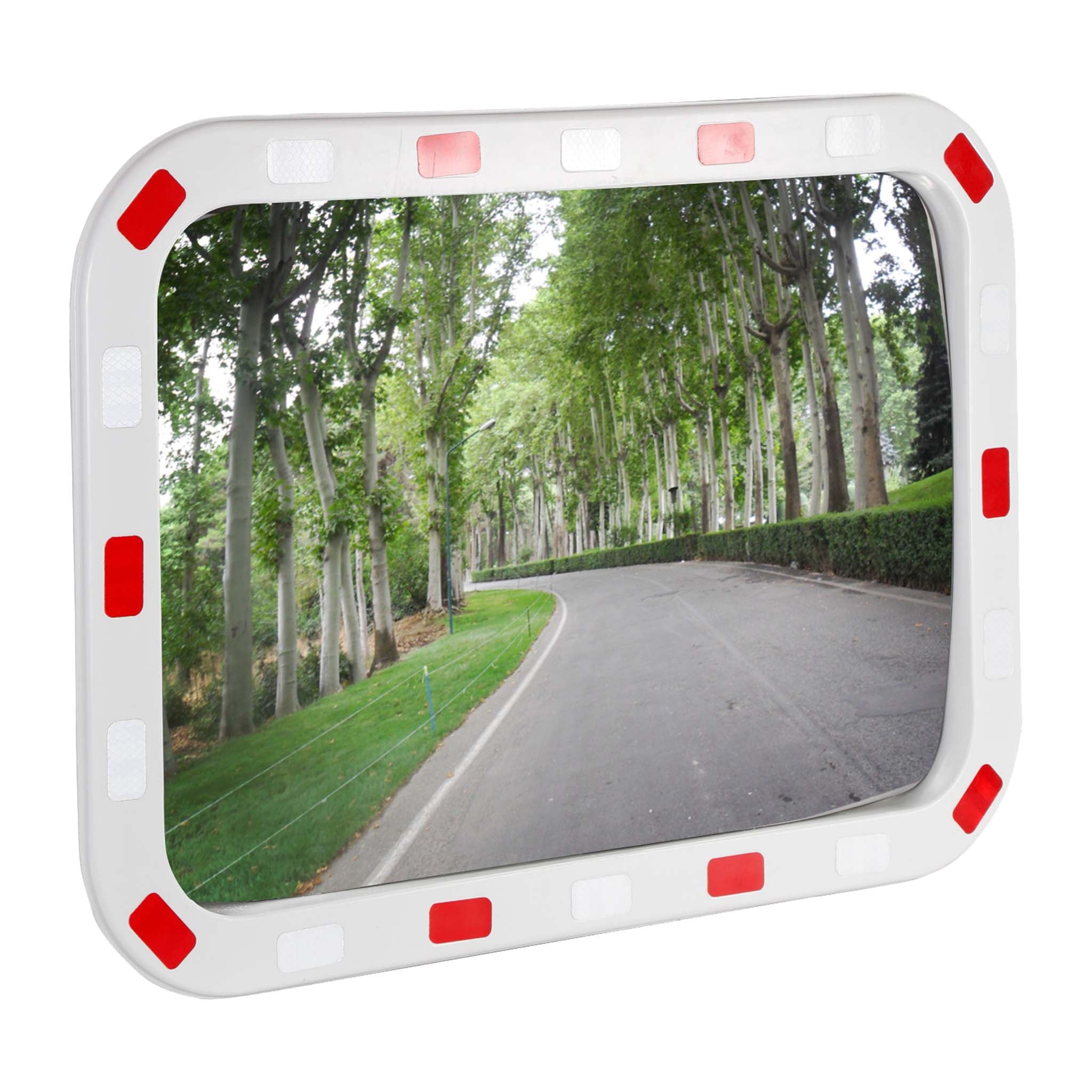 Specchio di sicurezza 50x70 cm infrangibile con strisce catarifrangenti bianche e rosse