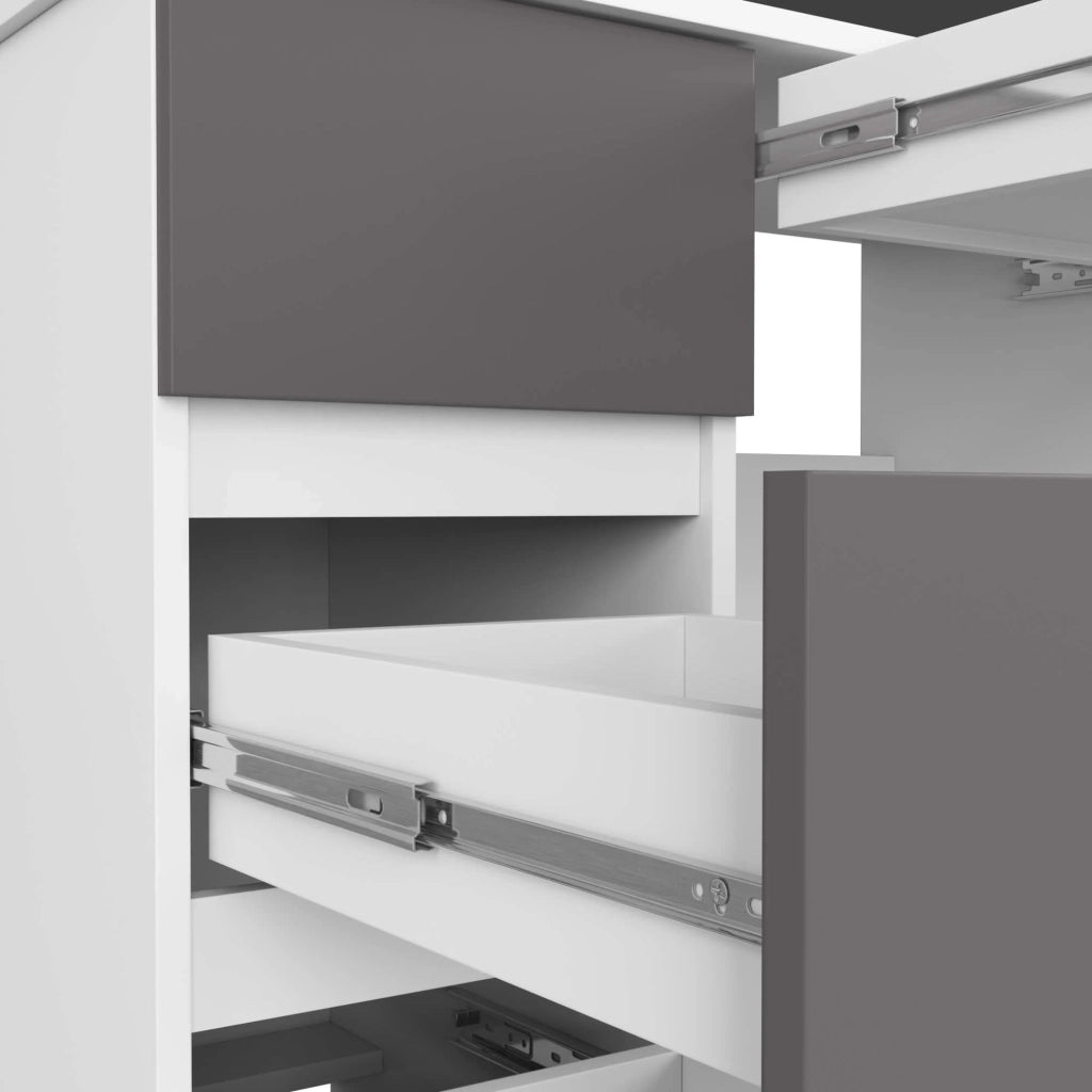 Scrivania per computer AKORD A7 Bianco 90 cm 4 cassetti inserto frontale Grigio Grafite 90x50x77 cm Modello a sinistra