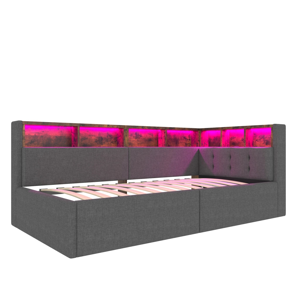 Divano letto 90x200 cm con luci LED e porte USB e Tipo C; in lino grigio