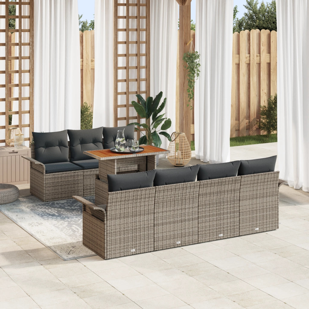 Set da Giardino 8 Pezzi con Cuscini Grigio in Rattan Sintetico e Acacia