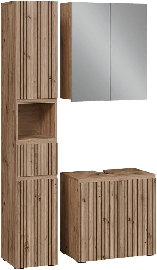 Set di mobili da bagno 3 pezzi Takumi, Artigiano, 60 cm, composto da mobile sottolavabo, specchiera e mobile medio