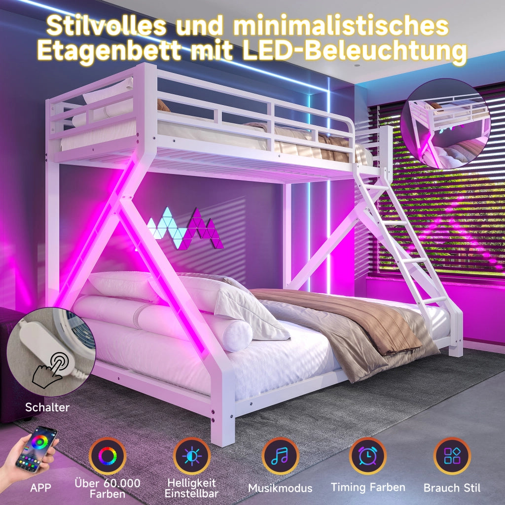 Letto a Castello 90 x 200 cm e 140 x 200 cm; con LED; in Metallo; Bianco