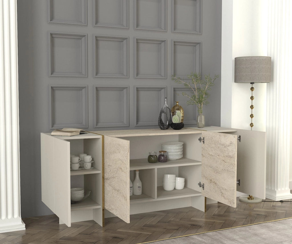 Credenza in legno "Veyron" - 180 x 46 x 75 cm - Travertino, arenaria