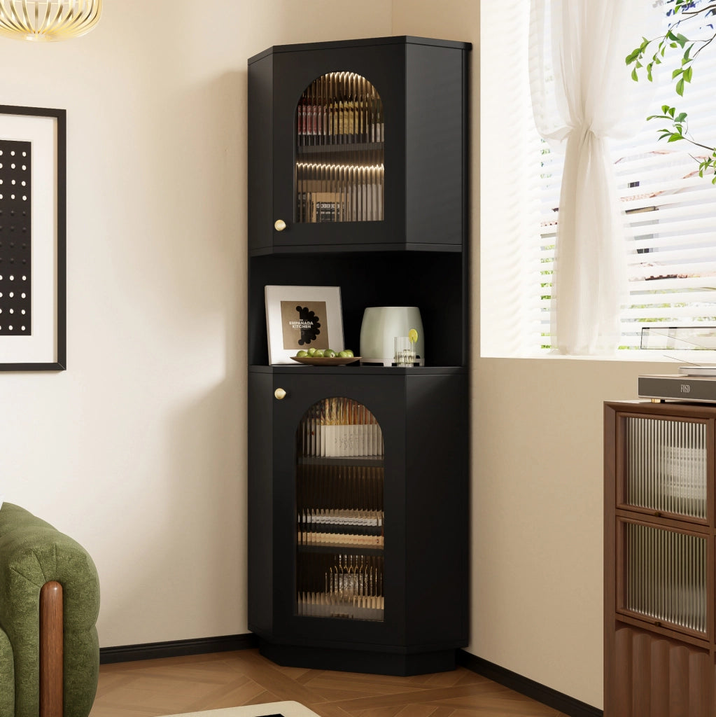 Mobile bagno angolare nero in MDF con luce interna e ripiani regolabili