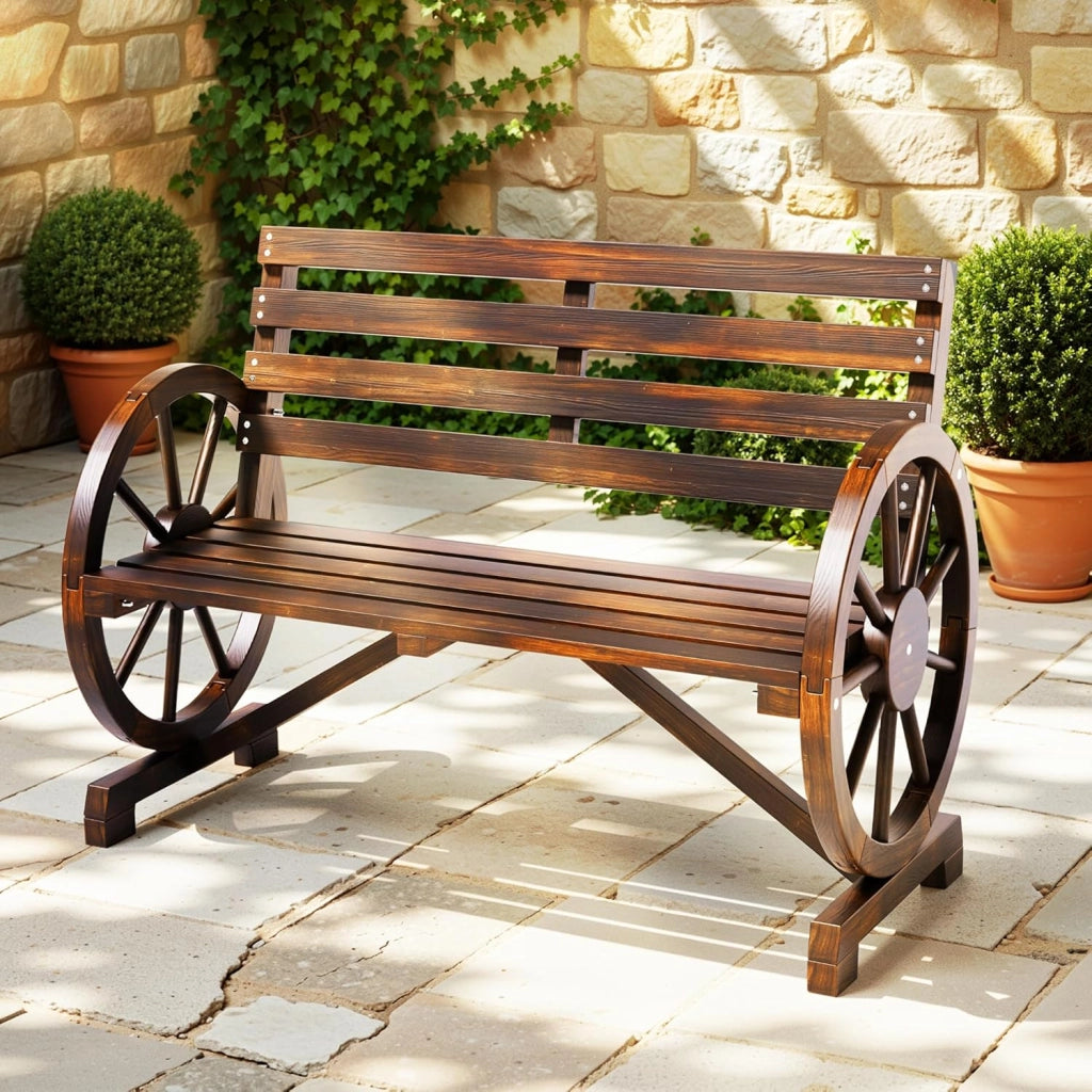 Panca da esterno a 2 posti, resistente alle intemperie, con braccioli a forma di ruota, in legno con schienale, in stile country, per patio, giardino, parco, 105.5 x 56 x 79 cm.