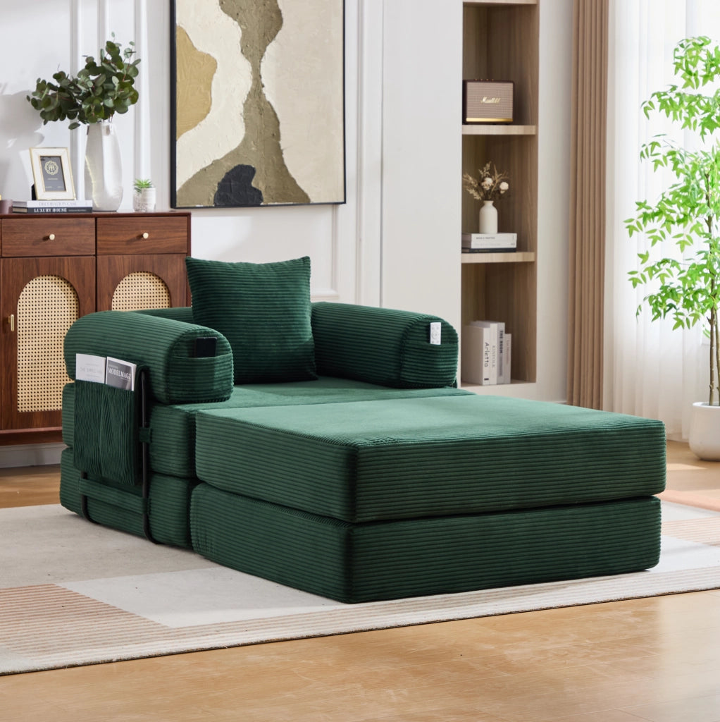 Divano modulare in velluto a coste color smeraldo con pouf; 112 x 190 x 67 cm