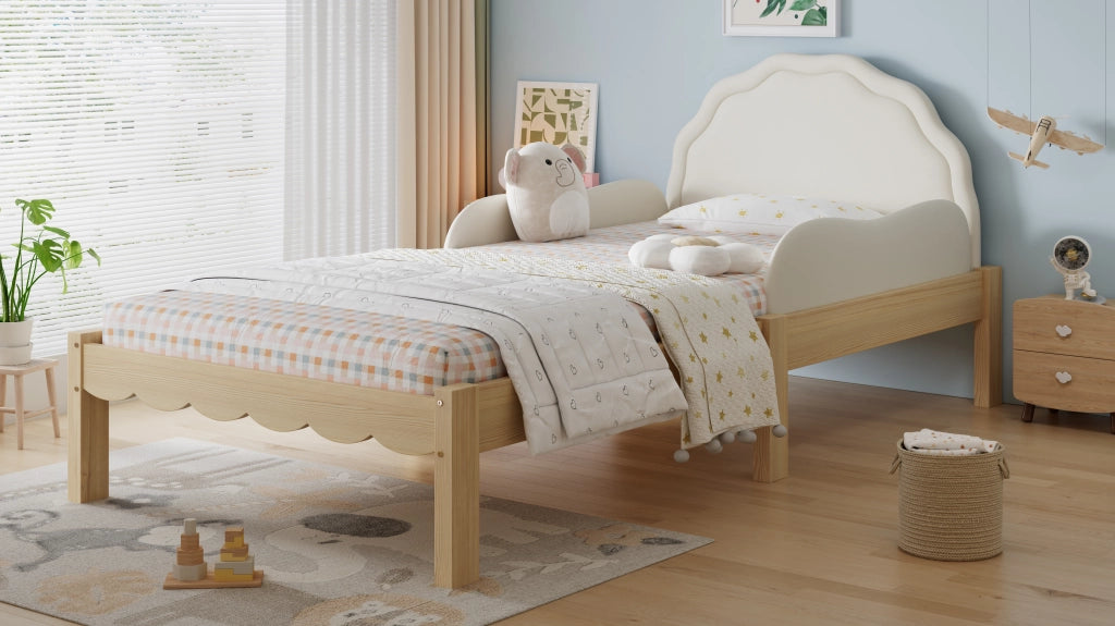Letto per bambini 90 × 200 cm con barriere laterali, testiera imbottita, senza materasso, in legno, beige
