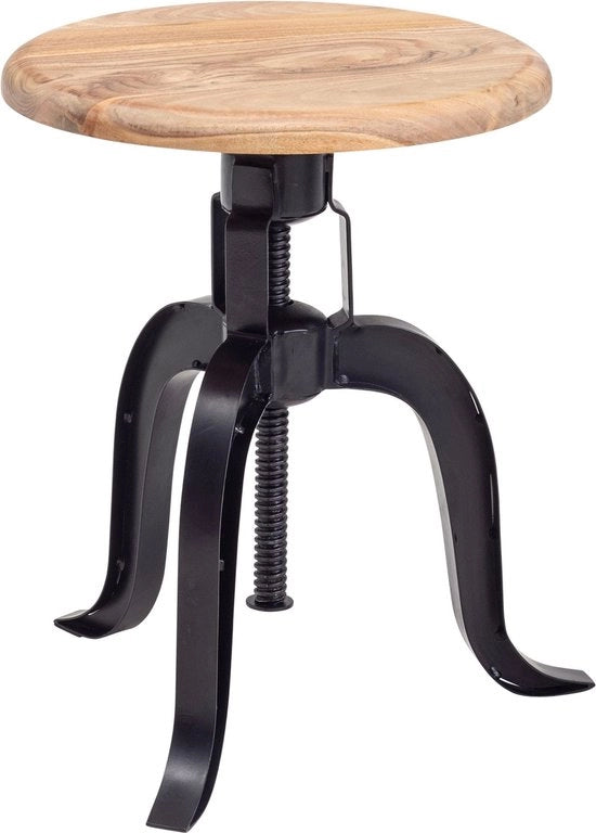 Sedia di lavoro - Base rotonda industriale - Piccola sedia moderna con schienale - Legno di acacia massello - Metallo nero - Altezza regolabile - 39x62,5x39 cm
