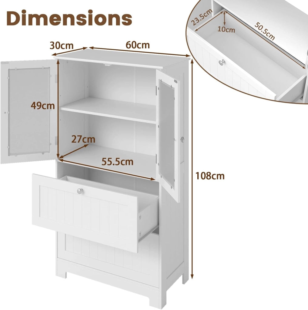 Mobile da Bagno con 2 Cassetti e Armadi a 2 Ante, Mobile Portaoggetti su Piedistallo Regolabile, Armadio Verticale con Dispositivo Antiribaltamento, 60 x 30 x 108 cm, Bianco