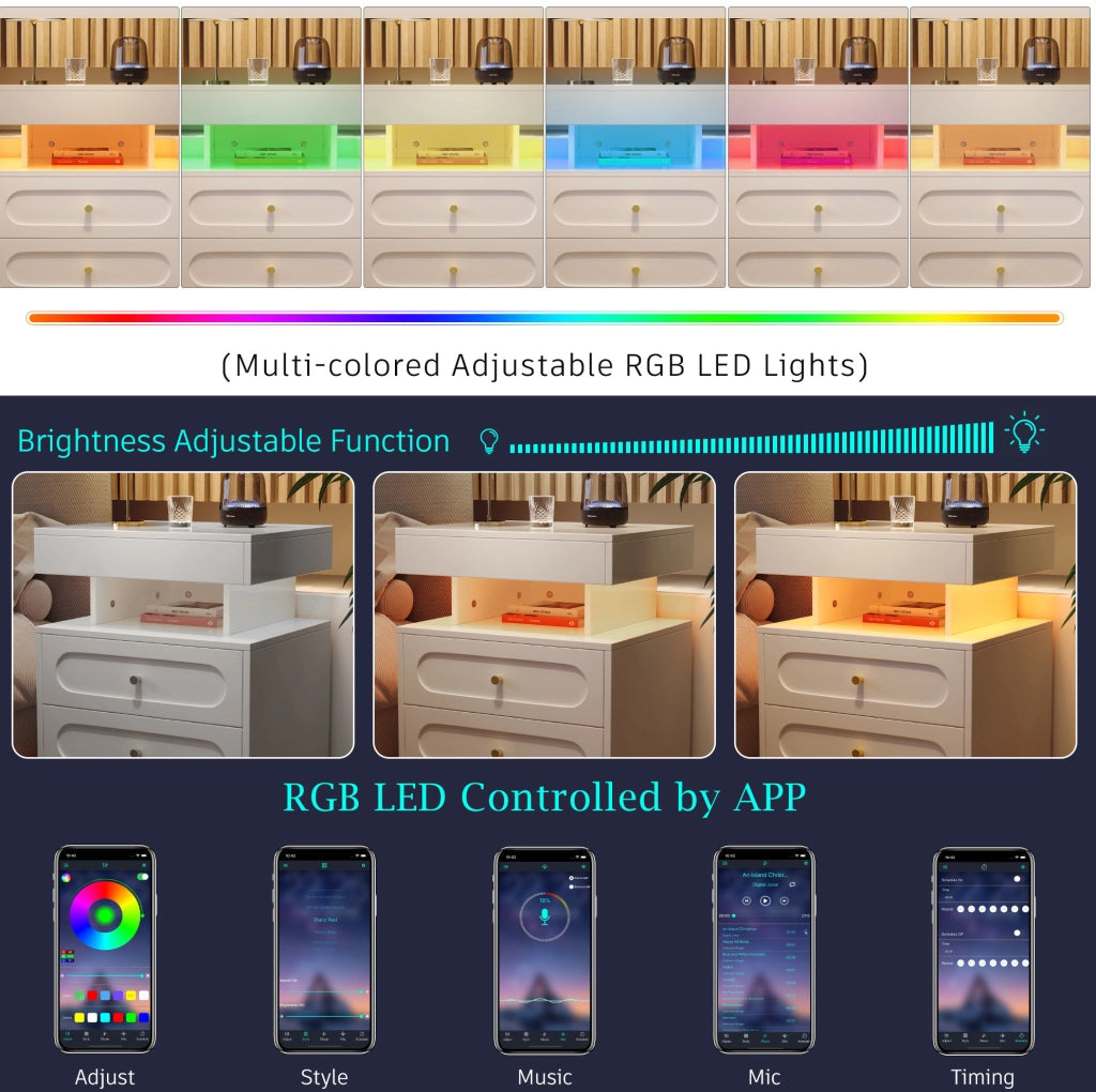 Comodino LED con 2 Cassetti e Ripiano Aperto, Bianco, 50x40x60 cm