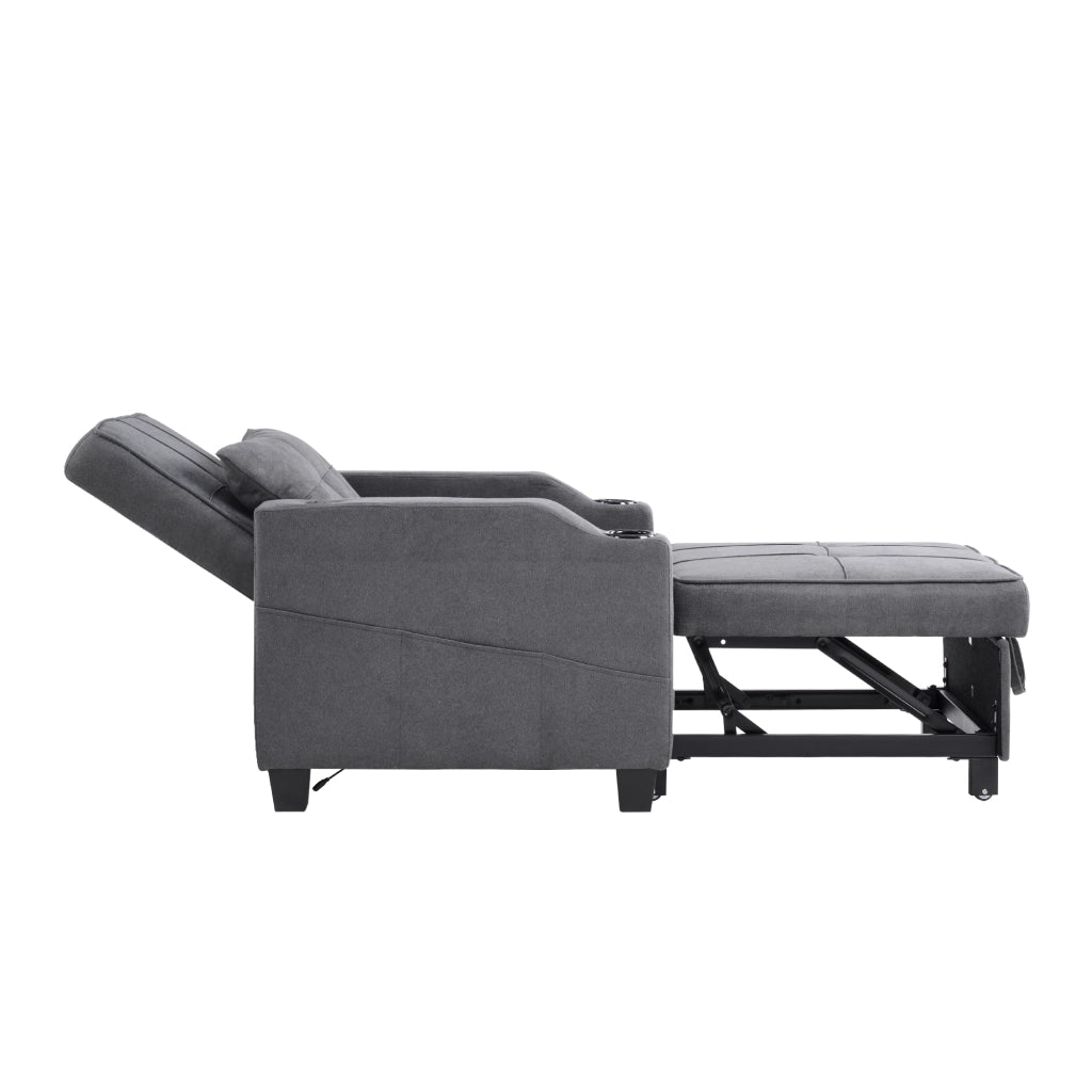 Poltrona letto 3 in 1 con schienale regolabile, porta USB, porta bicchieri e tasca laterale, grigio scuro 74 × 87 × 84 cm