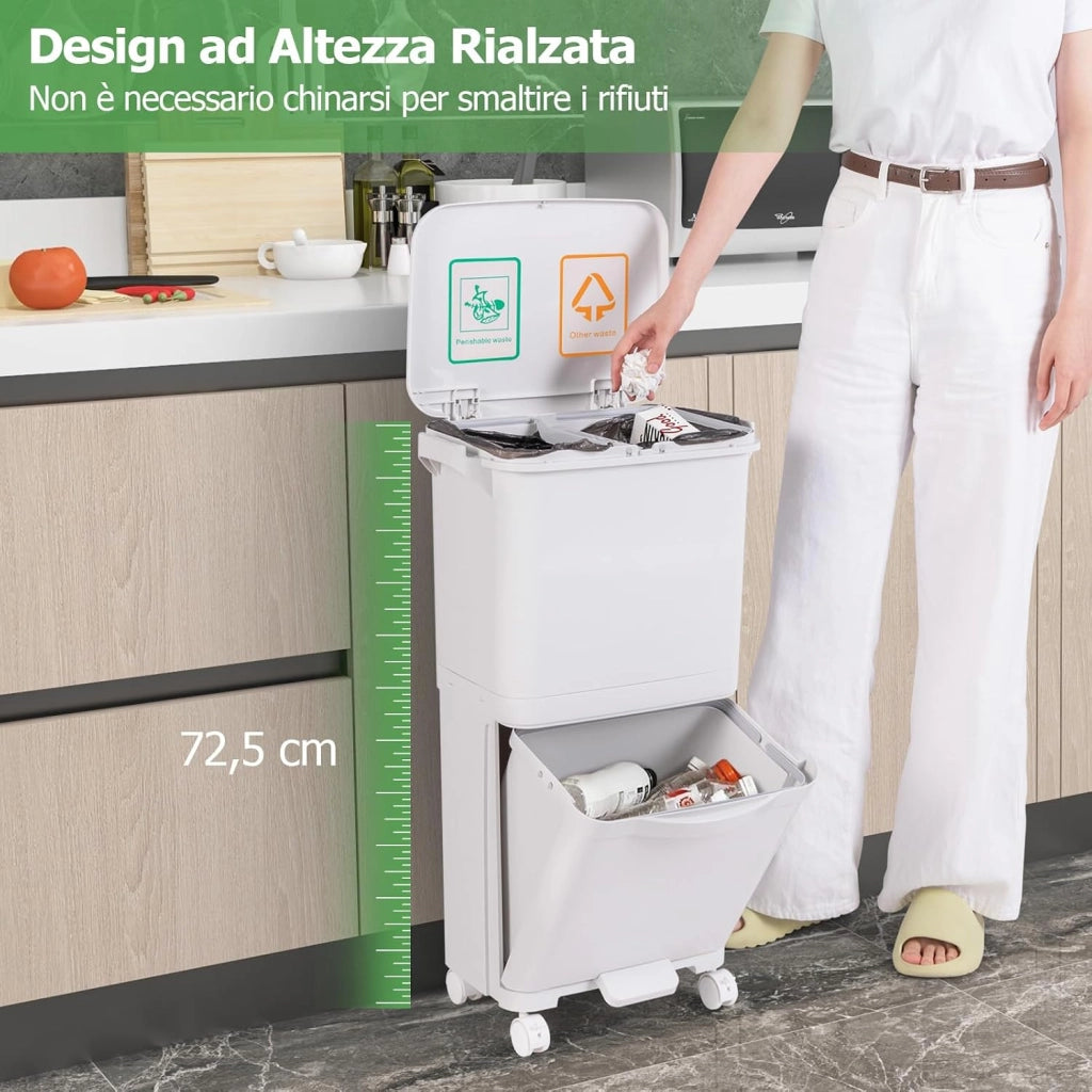 40L Pattumiera Differenziata a 3 Scomparti, Bidone per Spazzatura con Cestino Rimovibile, 4 Ruote, Secchio Rifiuti in Plastica a Pedale per Cucina Sala da Pranzo Soggiorno