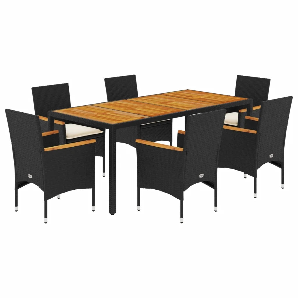 vidaXL Set Pranzo da Giardino 7 pz Nero con Cuscini Polyrattan Acacia