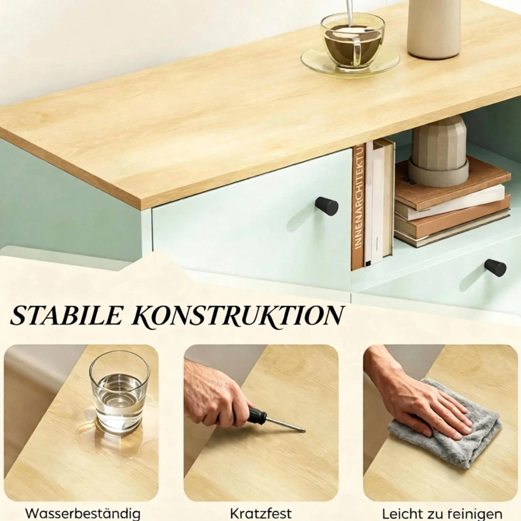 Credenza verde chiaro e rovere con 2 cassetti