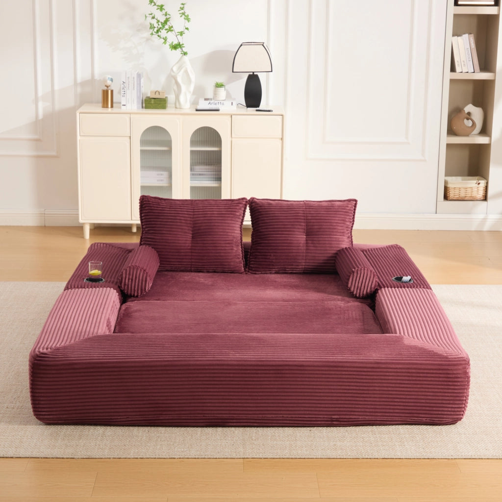 Divano letto 180x98x80 cm trasformabile in velluto a coste rosso vino
