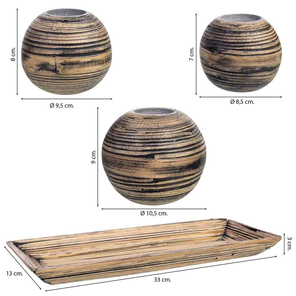 Set vassoio e 3 portacandele in legno di bambù marrone 33x13x3h cm