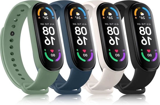 Set di 4 cinturini armonici in silicone soffici per orologio da polso - nero, blu, rosso, verde - compatibile con Xiaomi Mi Band 3 e Mi Band 4.