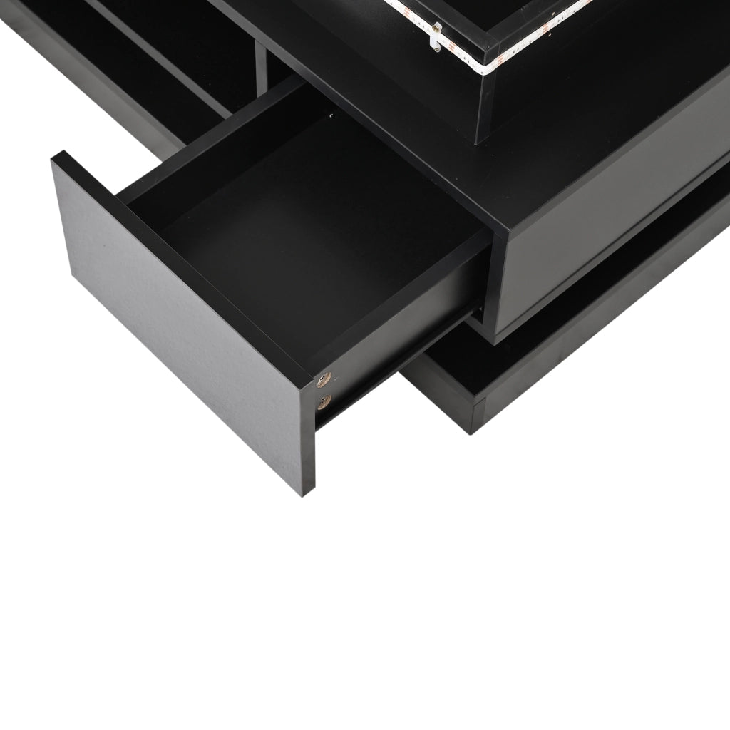 TAVOLINO DA CAFFÈ ALZABILE 100x50x40 cm NERO LUCIDO con LED e 2 cassetti