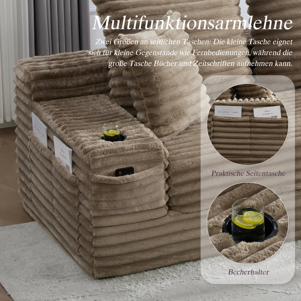 Divano letto componibile in tessuto a coste con schienale alto, cuscini, tasche laterali e portabicchieri, khaki