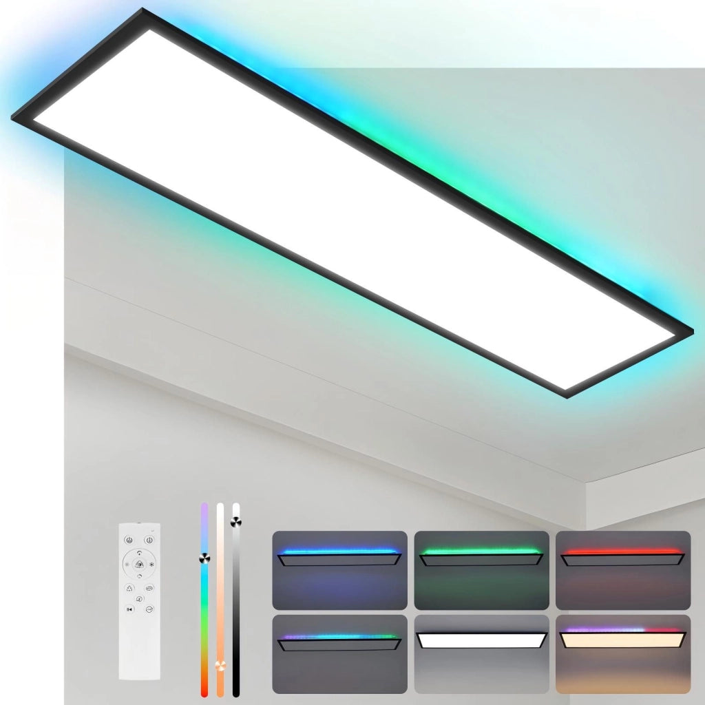 ZMH Plafoniera LED da Soffitto 100x25 cm Dimmabile RGB Cambio Colore Piatto con Telecomando 24W Nero Rettangolare