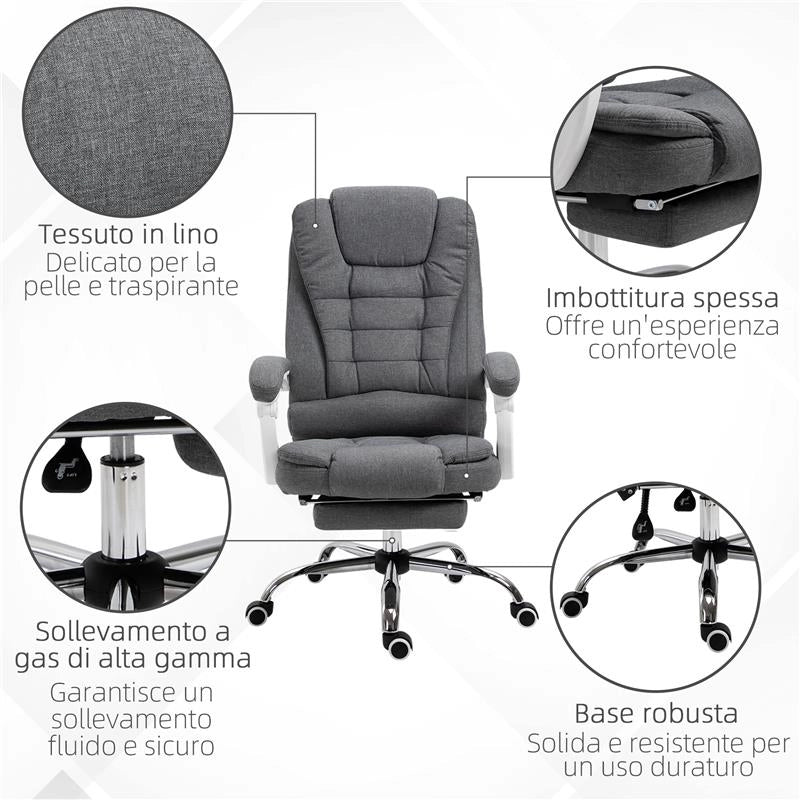SEDIA DA UFFICIO RECLINABILE CON POGGIAPIEDI RETRATTILE E SCHIENALE ALTO IN TESSUTO GRIGIO