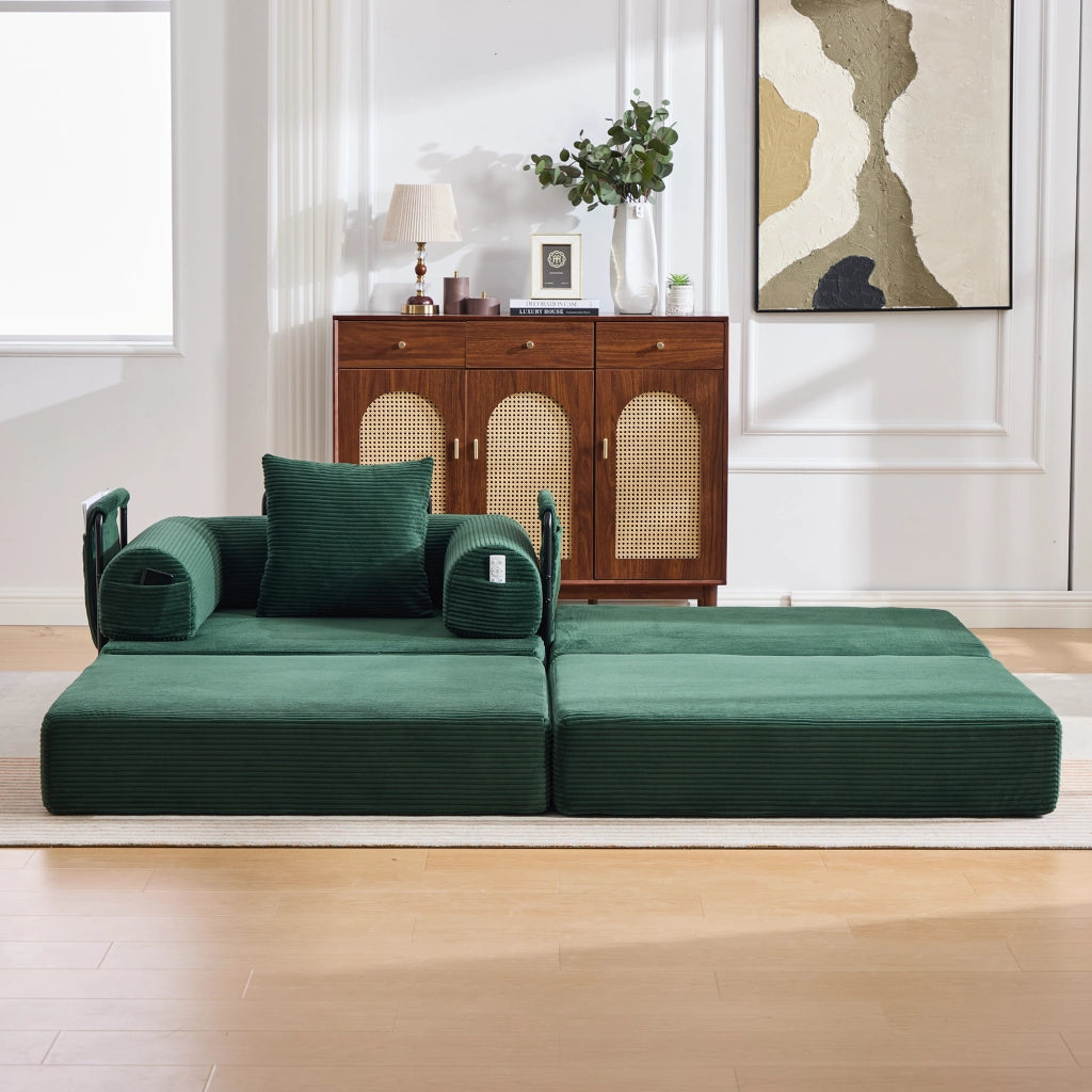 Divano modulare in velluto a coste senza montaggio con pouf, cuscino e tasca laterale, design ergonomico, verde smeraldo