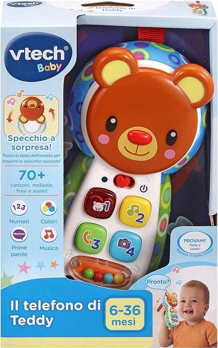 VTech Il Telefono di Teddy, Telefono per Bambini Interattivo, Impara i Colori e i Numeri, Cellulare con Clip, Gioco Neon
